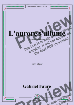 page one of Fauré-L'aurore s'allume,in C Major,for Voice and Piano