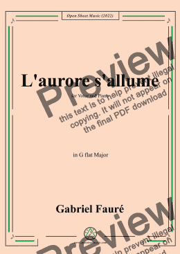 page one of Fauré-L'aurore s'allume,in G flat Major,for Voice and Piano