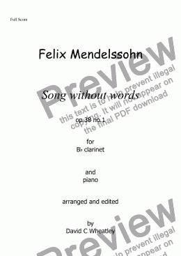 page one of Mendelssohn - Song without words op 38 no 1 for Bb clarinet and piano