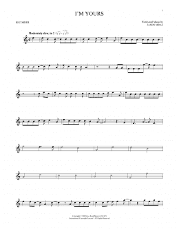 page one of I'm Yours (Recorder Solo)