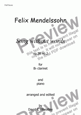 page one of Mendelssohn - Song without words op 38 no 2 for clarinet in Bb and piano