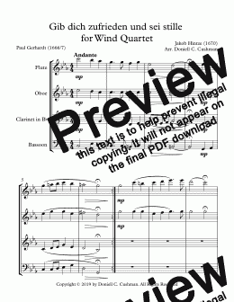 page one of Gib dich zufrieden und sei stille for Wind Quartet - Full Score