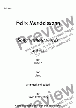 page one of Mendelssohn - Song without words op 38 no 1 for flute and piano