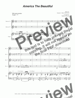 page one of America The Beautiful (French Horn Quartet and Piano)