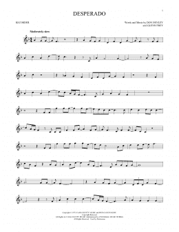 page one of Desperado (Recorder Solo)