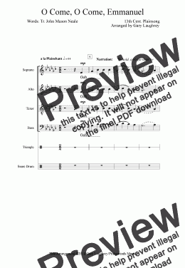 page one of O Come, O Come Emmanuel- SATB/Snare Drum/Triangle