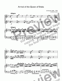 page one of Handel - Arrival of the Queen of Sheba duet for 2 trumpets Bb & piano