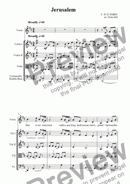 page one of Jerusalem (arranged for string orchestra/quartet/quintet and optional unison voices)
