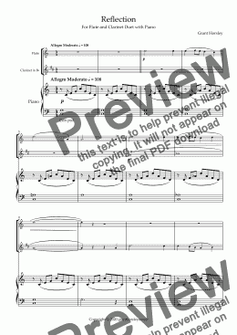 page one of  "Reflection" Flute and Clarinet Duet with Piano- early Intermediate