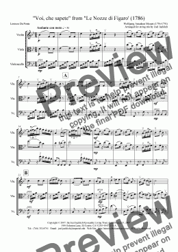 page one of Voi, che sapete, from Le Nozze di Figaro (arr. for string trio)