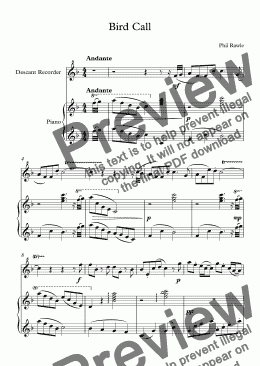 page one of Bird Call - Descant Recorder and Piano