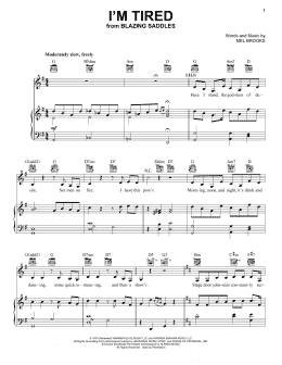 page one of I'm Tired (from Blazing Saddles) (Piano, Vocal & Guitar Chords (Right-Hand Melody))