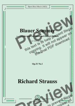 page one of Richard Strauss-Blauer Sommer,in E flat Major,Op.31 No.1