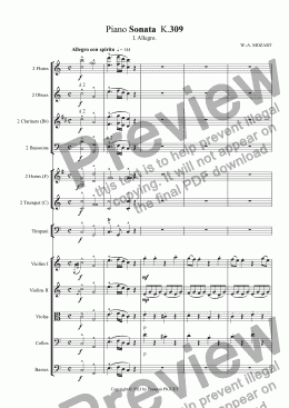 page one of MOZART: Piano Sonata  K.309, I.Allegro arranged for orchestra.