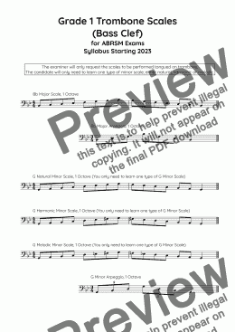 page one of Trombone Scales (bass clef) Grade 1. For the new ABRSM Syllabus from 2023.