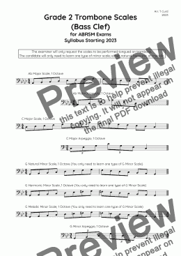 page one of Trombone Scales (bass clef) Grade 2. For the new ABRSM Syllabus from 2023.