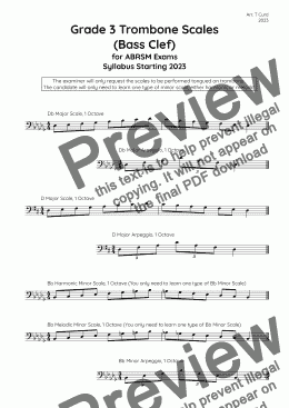 page one of Trombone Scales (bass clef) Grade 3. For the new ABRSM Syllabus from 2023.