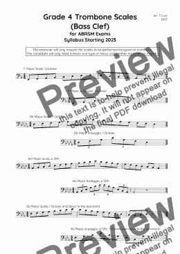 page one of Trombone Scales (bass clef) Grade 4. For the new ABRSM Syllabus from 2023.