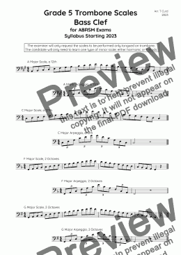 page one of Trombone Scales (bass clef) Grade 5. For the new ABRSM Syllabus from 2023.