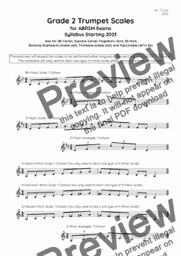 page one of Trumpet Scales Grade 2. For the new ABRSM Syllabus from 2023.