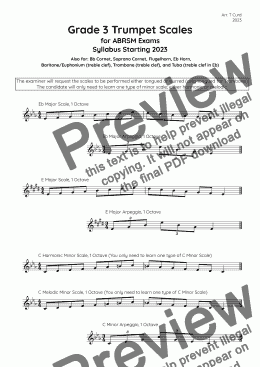 page one of Trumpet Scales Grade 3. For the new ABRSM Syllabus from 2023.