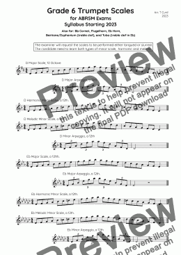 page one of Trumpet Scales Grade 6. For the new ABRSM Syllabus from 2023.