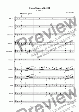 page one of MOZART. Piano Sonata K. 311 arranged for orchestra