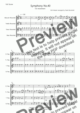 page one of Symphony No.40 (1st movement) for Recorder Quartet