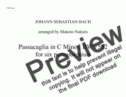 page one of J.S. BACH: Passacaglia in C Minor, BWV582  for six percussionists 「パッサカリア　ハ短調」六人の打楽器奏者のための