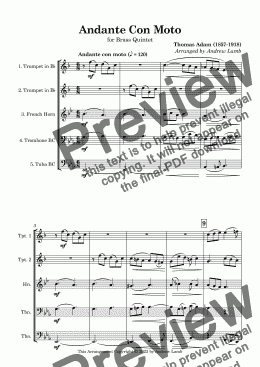 page one of Thomas Adams | Andante Con Moto | for Brass Quintet