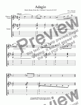 page one of Adagio from the Clarinet Concerto for flute/violin and easy guitar (TAB)