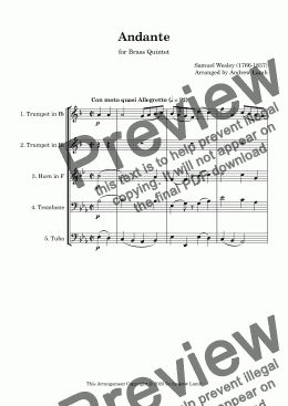 page one of Samuel Wesley | Andante (Prelude) | for Brass Quintet