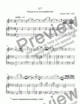 page one of Bach - Prelude No.8 in es-moll, BWV 853 from ''The Well-Tempered Clavier'' for trumpet Bb & piano