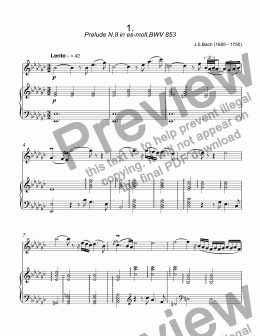 page one of Bach - Prelude No.8 in es-moll, BWV 853 from ''The Well-Tempered Clavier'' for trumpet C & piano