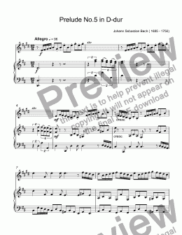 page one of Bach - Prelude No.5 in D-dur, BWV 874 from ''The Well-Tempered Clavier'' for trumpet Bb & piano