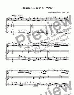 page one of Bach - Prelude No.20 in a-moll, BWV 865 from ''The Well-Tempered Clavier'' for trumpet Bb & piano