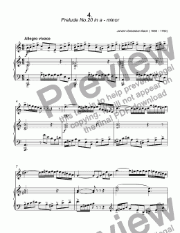 page one of Bach - Prelude No.20 in a-moll, BWV 865 from ''The Well-Tempered Clavier'' for trumpet C & piano