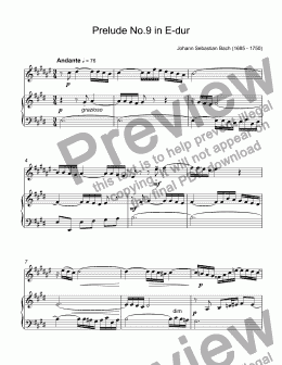 page one of Bach - Prelude No.9 in E-dur, BWV 878 from ''The Well-Tempered Clavier'' for trumpet Bb & piano