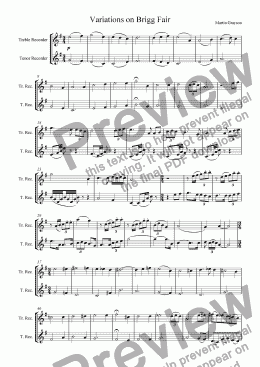page one of Variations on Brigg Fair for Treble and Tenor Recorders