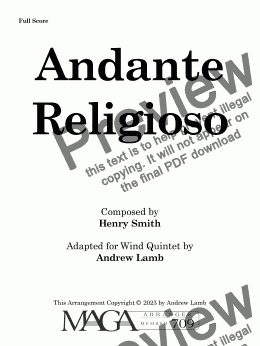 page one of Henry Smith | Andante Religioso | for Wind Quintet