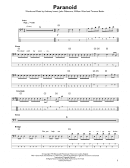 page one of Paranoid (Easy Bass Tab)