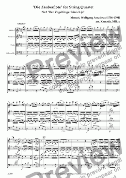 page one of "Die Zauberflöte" for String Quartet, Nr.2 "Der Vogelfänger bin ich ja"