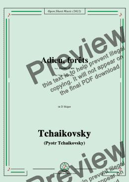 page one of Tchaikovsky-Adieu,forêts,from Jeanne D'arc,in D Major,for Voice and Pinao