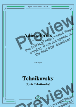 page one of Tchaikovsky-Adieu,forêts,from Jeanne D'arc,in E Major,for Voice and Pinao