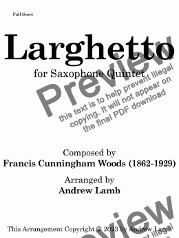 page one of Larghetto (by Francis Cunningham Woods, arr. for Saxophone Quintet)