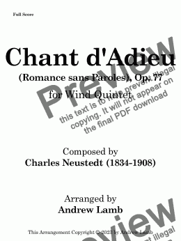 page one of Chant d’Adieu (Romance sans Paroles), Op. 77 [by Charles Neudtedt, arr. for Saxophone Quintet]