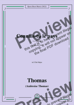 page one of A. Thomas-Connais-tu le pays,from Mignon,in E flat Major,for Voice and Piano