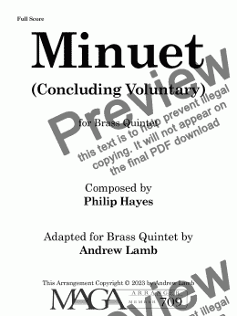 page one of Philip Hayes | Minuet (Concluding Voluntary) | for Brass Quintet