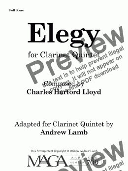 page one of Charles Harford Lloyd | Elegy | for Clarinet Quintet