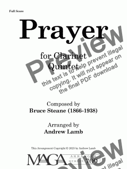 page one of Bruce Steane | Prayer (Introductory Voluntary) | for Clarinet Quintet